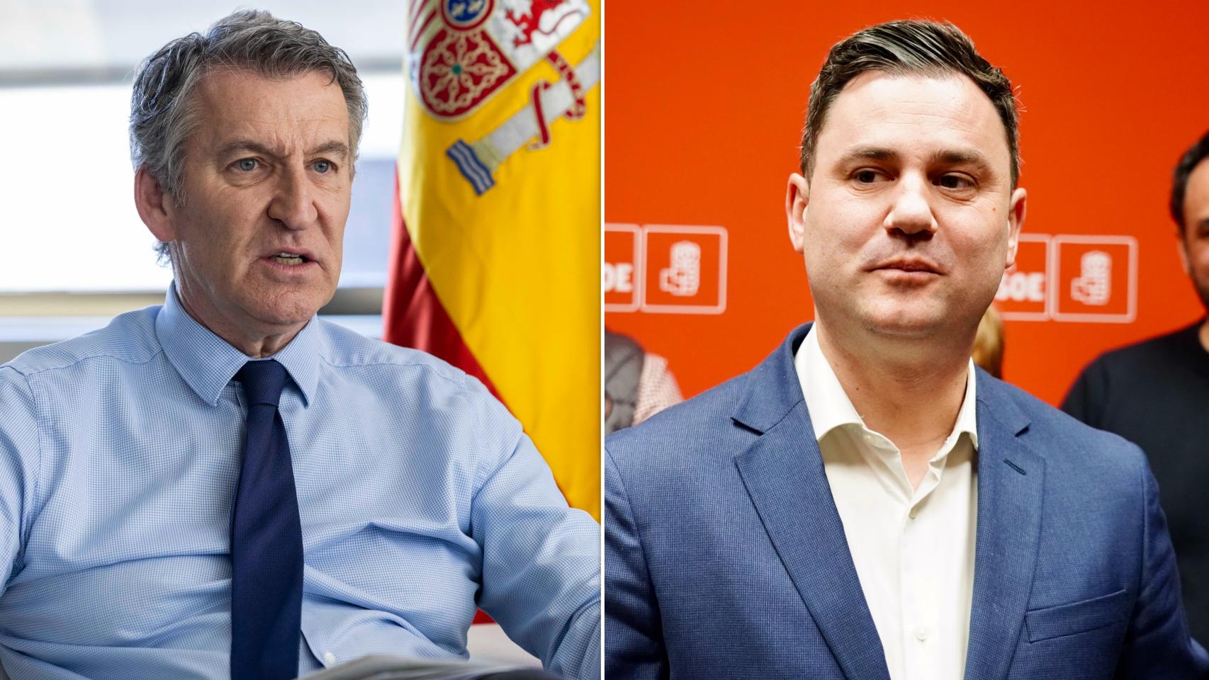 El presidente del Partido Popular, Alberto Núñez Feijóo, y el secretario general del PSOE de León, Javier Alfonso Cendón, en un montaje de EL ESPAÑOL