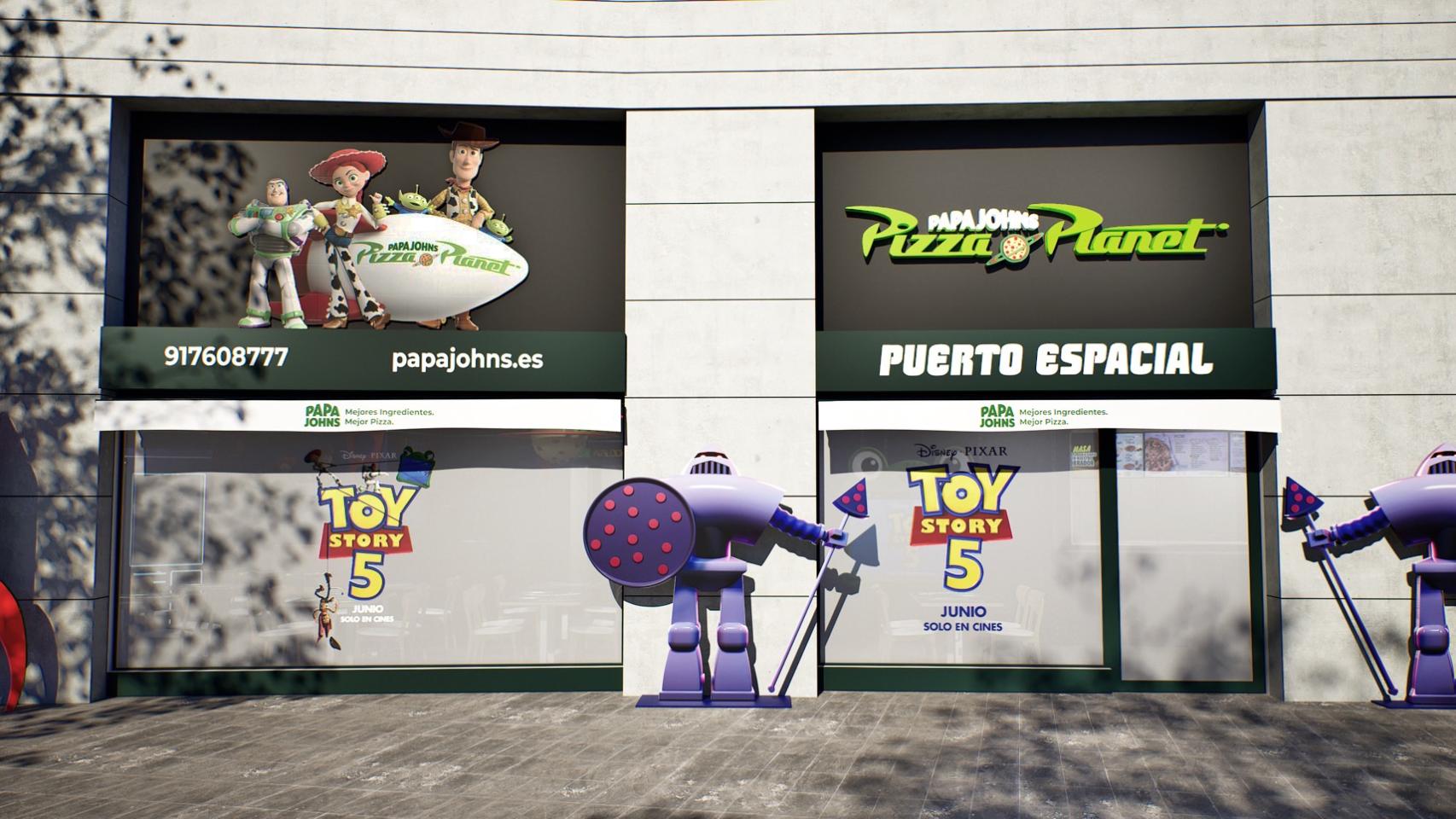 Papa Johns con la decoración de Pizza Planet. 