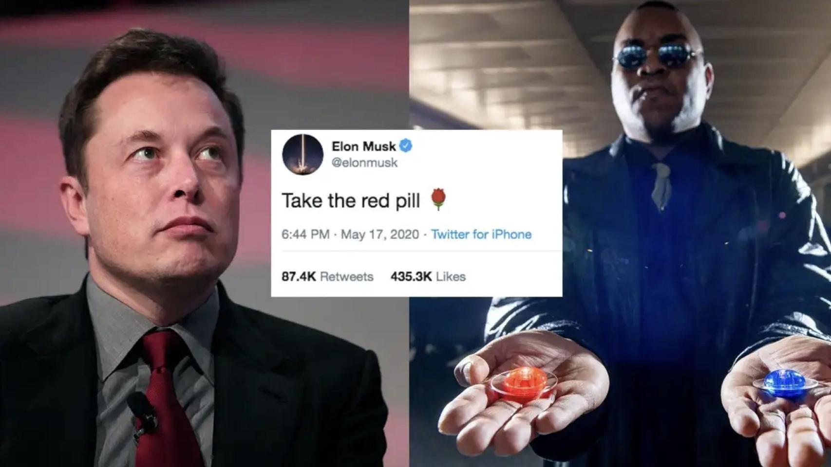 Meme sobre Elon Musk llamando a escoger la píldora roja en X. 