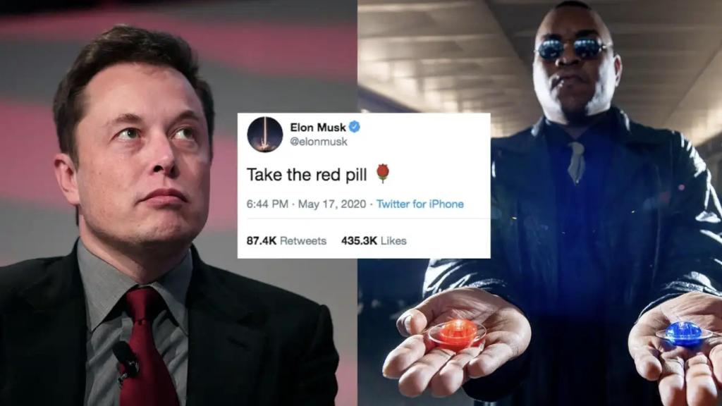 Meme sobre Elon Musk llamando a escoger la píldora roja en X. 