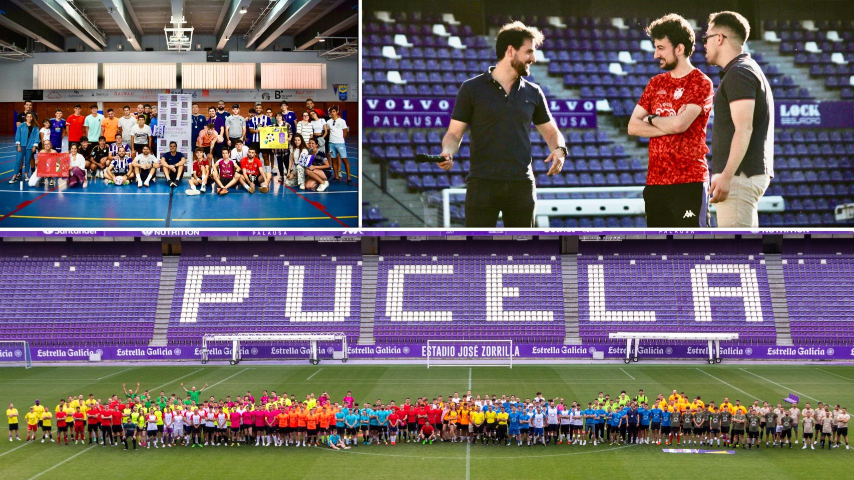 Arriba a la izquierda, la primera edición de la AfterTuit Cup (foto: Alba Rodríguez), a la derecha sus tres organizadores, Alejandro de Paz, Simón Asensio y Sergio Hernando (foto: Rosa Martín) y abajo una de las últimas ediciones en el José Zorrilla (foto: Real Valladolid)
