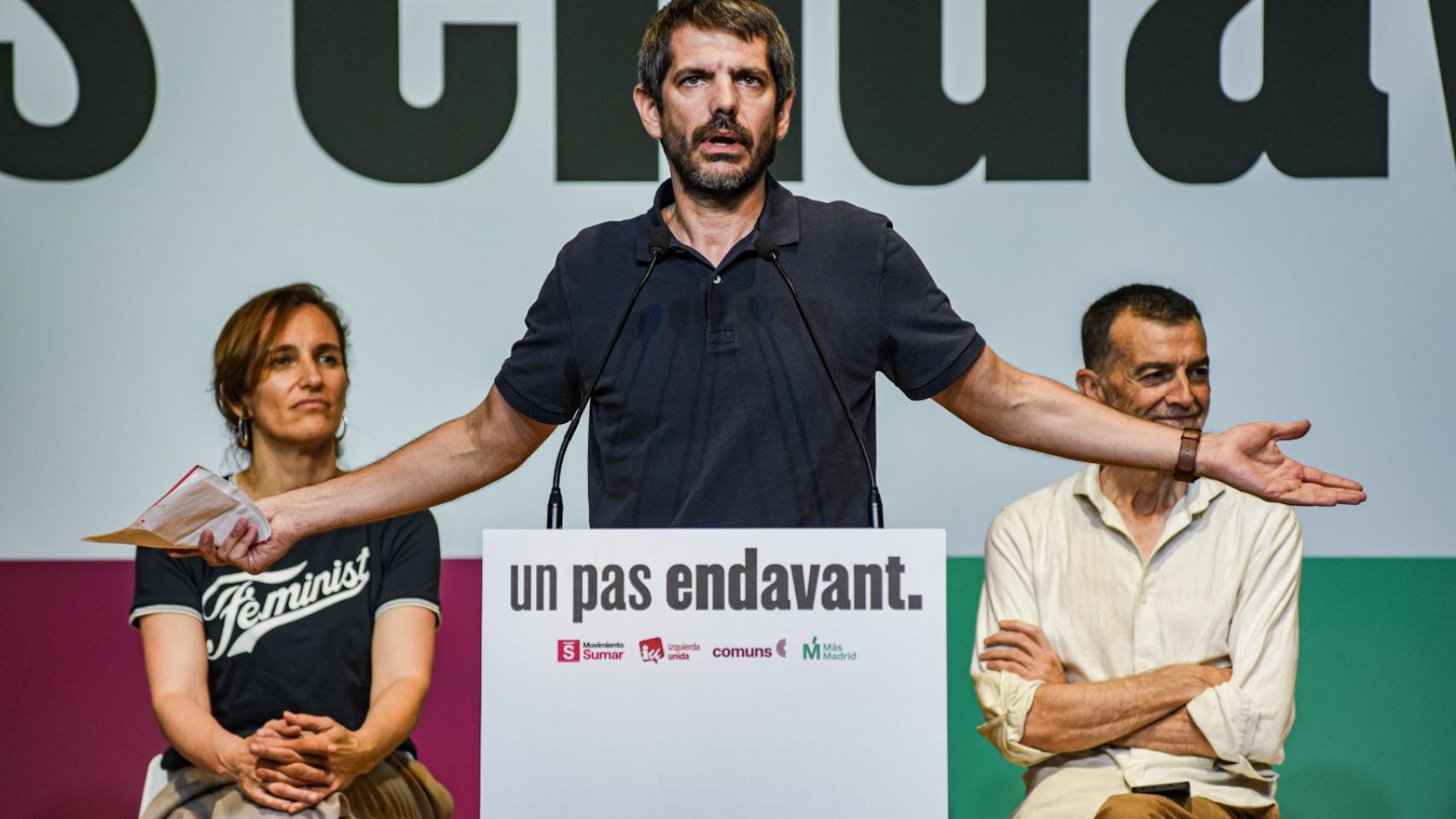 Monica García, Ernest Urtasun y Antonio Maíllo, este sábado durante un acto organizado por Sumar, IU, Comuns y Más Madrid en Barcelona. 