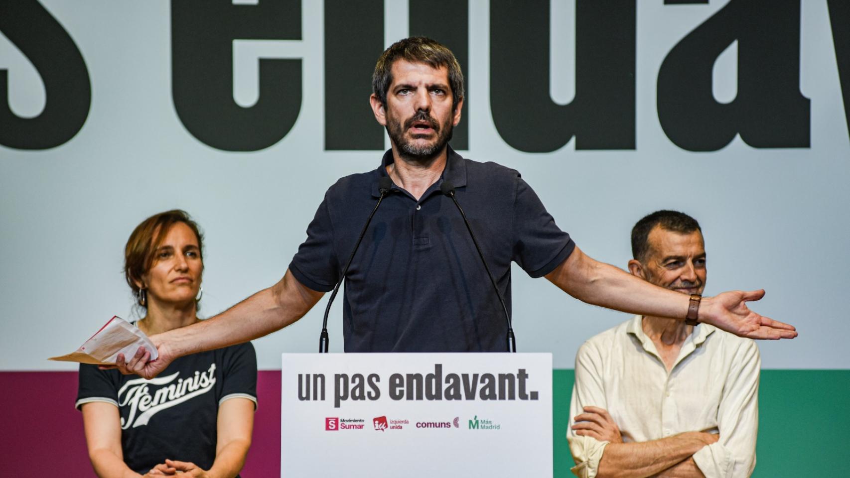 Monica García, Ernest Urtasun y Antonio Maíllo, este sábado durante un acto organizado por Sumar, IU, Comuns y Más Madrid en Barcelona. 