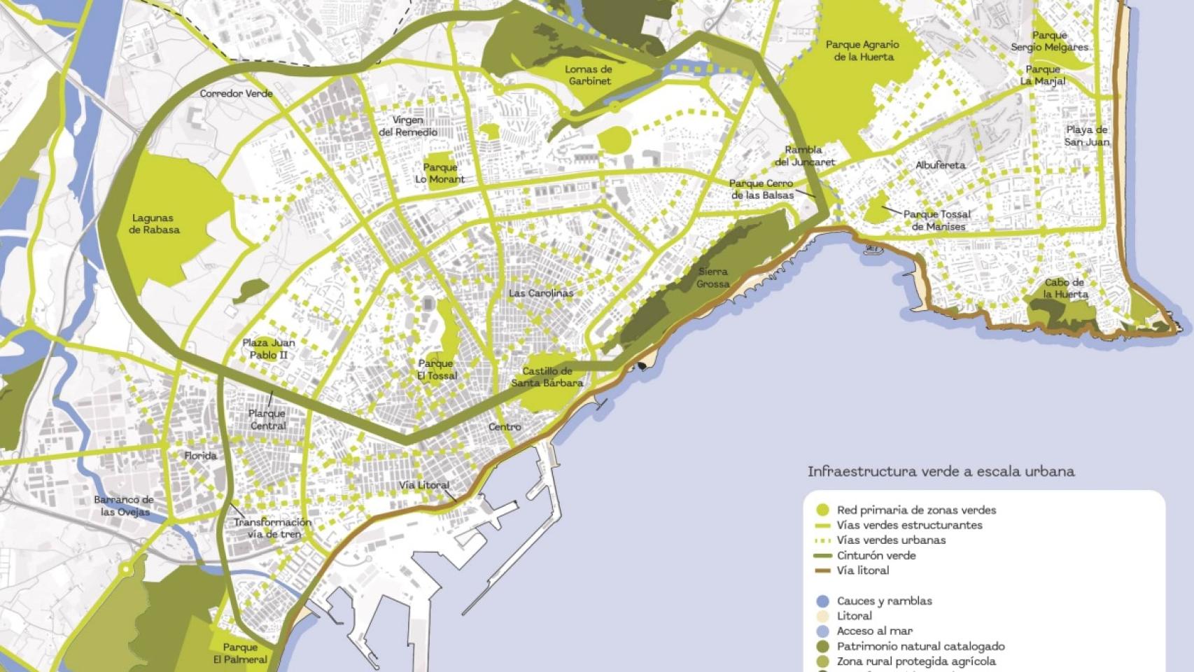 Plano infraestructura verde y suelo protegido escala urbana.