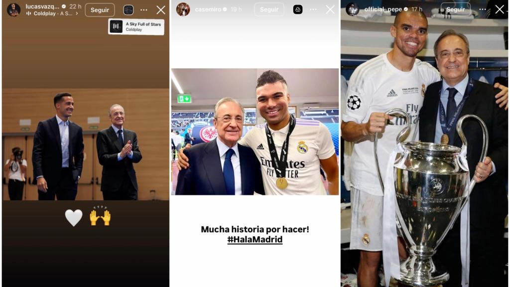 Mensajes de apoyo a Florentino Pérez de parte de Lucas Vázquez, Casemiro y Pepe.