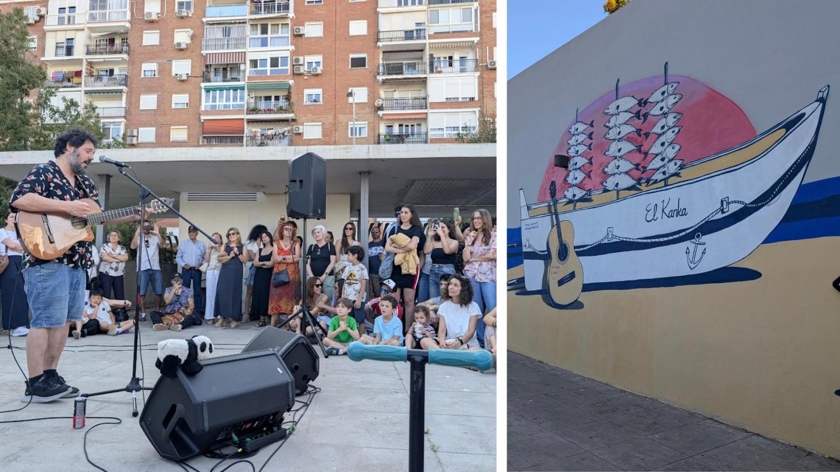 Un montaje del concierto y el mural.