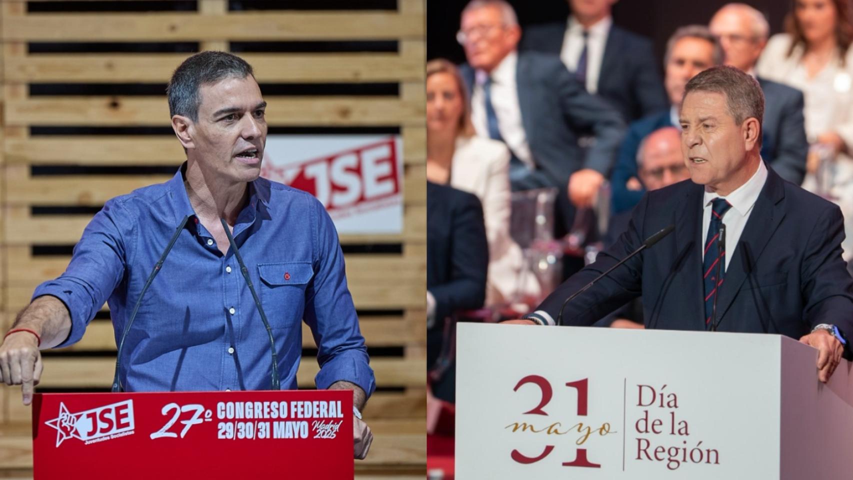 Pedro Sánchez, este domingo, en el Congreso de las Juventudes Socialistas, y Emiliano García-Page en el Día de Castilla-La Mancha.