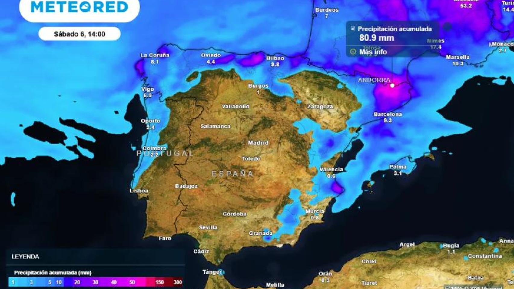 Precipitación acumulada en la Península hasta el sábado. Foto: Meteored. 