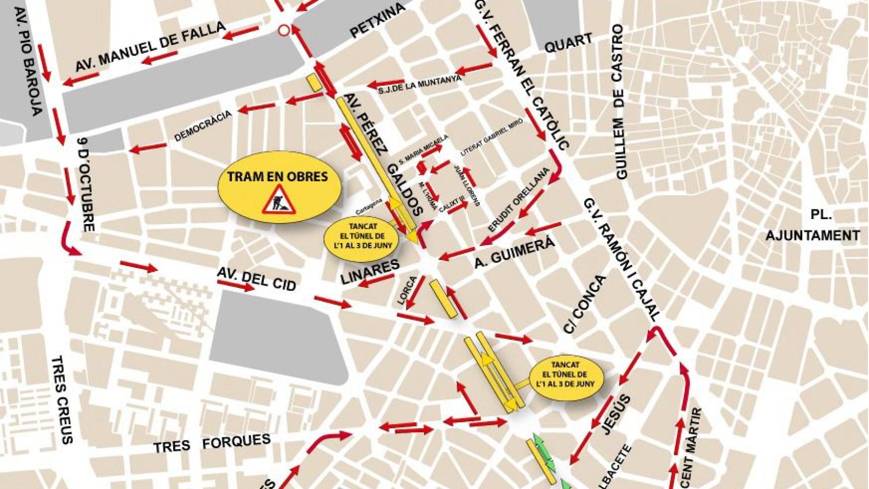 Mapa de Valencia con el desvío por el cierre del túnel. EE