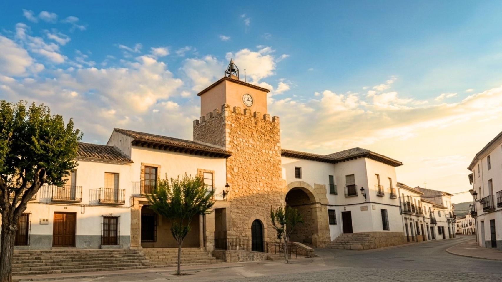 Plaza Mayor de Iniesta presidida por el Ayuntamiento.
