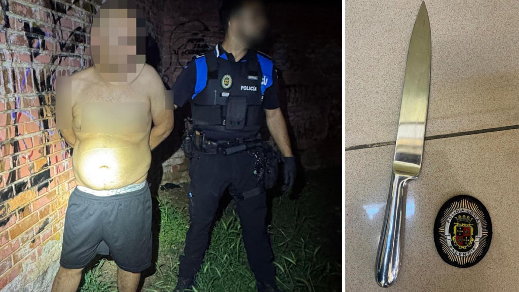 Imagen del detenido y del cuchillo encontrado.