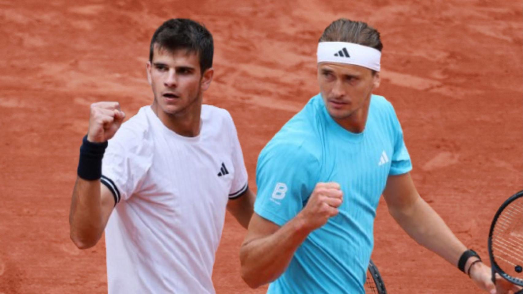 Rafa Jódar y Alexander Zverev durante Roland Garros.