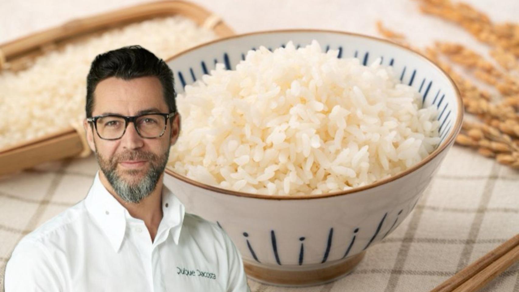 Quique Dacosta junto a un plato de arroz blanco.