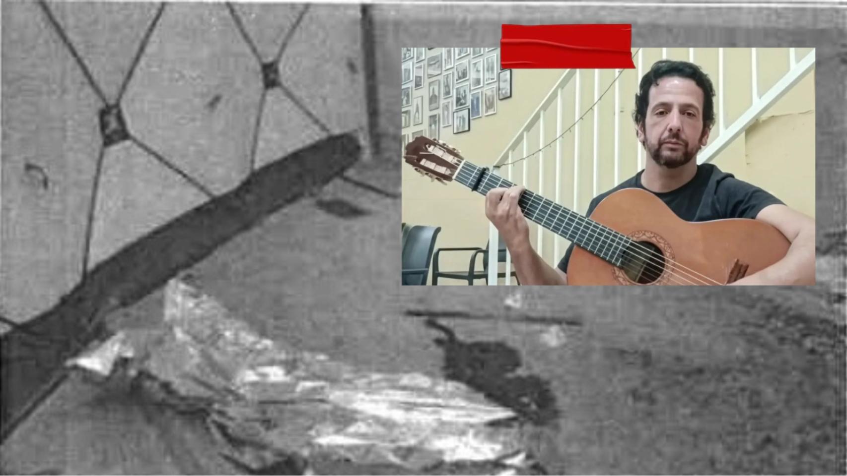 El difunto cantaor flamenco Matías de Paula con su guitarra, junto a una imagen de la escena del crimen tomada por la Policía Nacional.