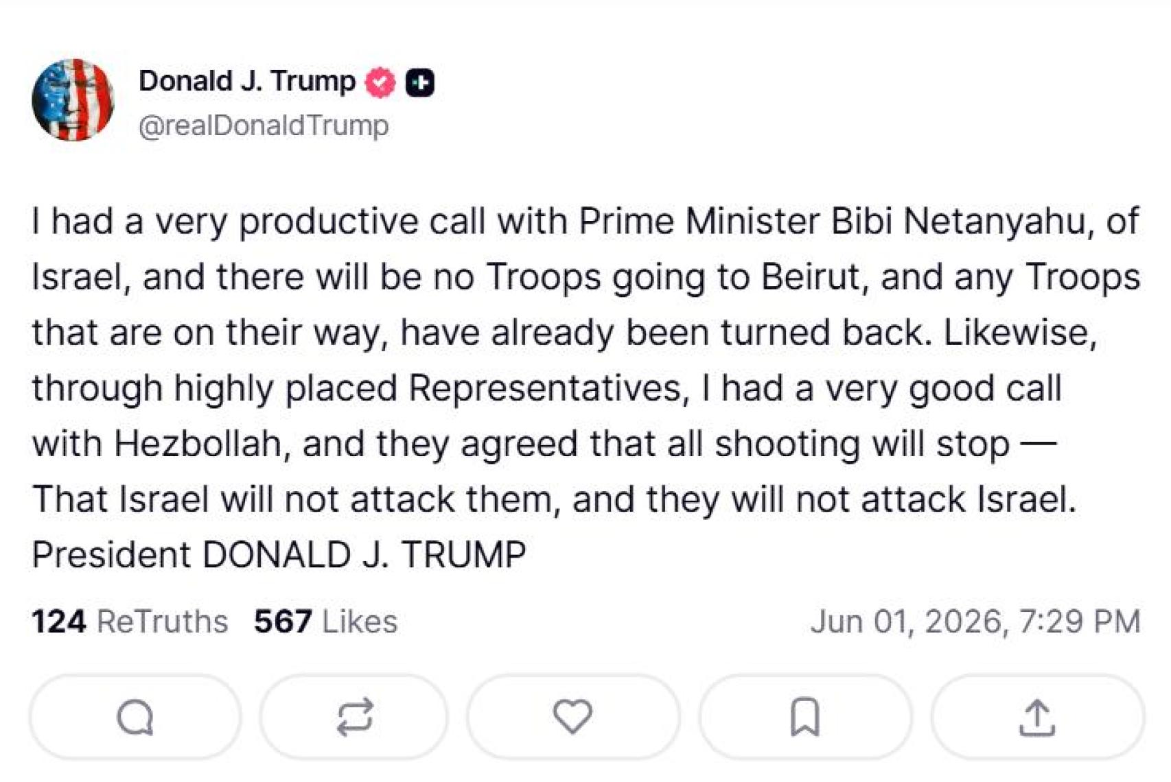 Mensaje en Truth Social de Trump.