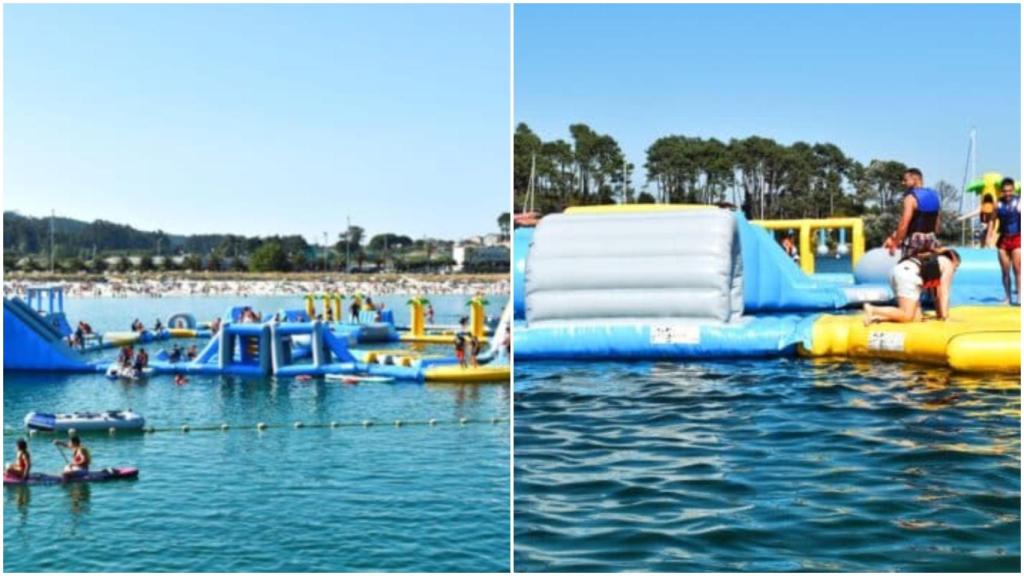 Instalaciones del parque acuático flotante de la playa de Baltar, en Sanxenxo