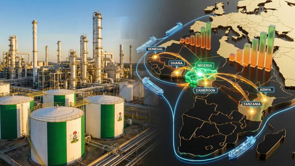 Montaje del continente africano con las posibles rutas de los productos refinados del petróleo.