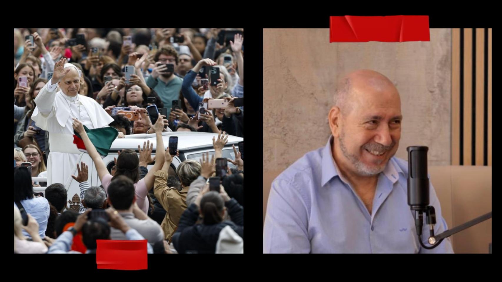 Fernando, agente de la Policía Nacional, condujo el papamóvil durante la visita de Benedicto XVI a Barcelona en 2010. A la izquierda, una imagen del actual pontífice saludando desde el vehículo; a la derecha, Fernando durante la entrevista concedida al podcast de la Archidiócesis de Madrid.