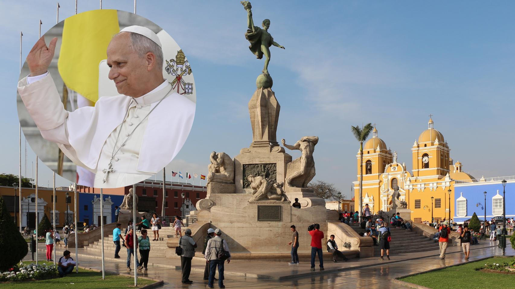 Montaje del Papa León XIV con la Plaza de Armas de Trujillo, en Perú.