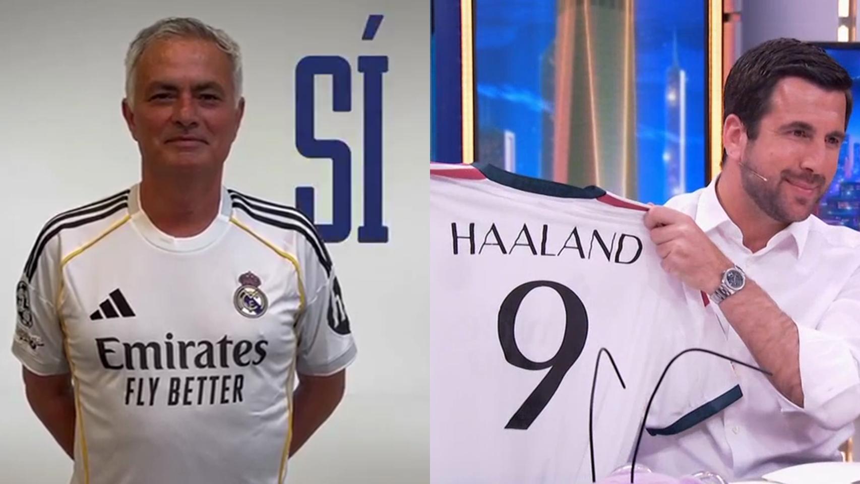Montaje de Mourinho con la camiseta del Real Madrid y Enrique Riquelme sujetando la camiseta de Haaland.