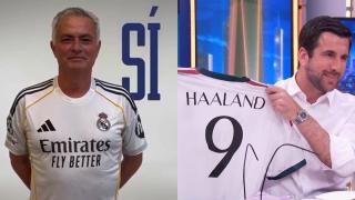 Montaje de Mourinho con la camiseta del Real Madrid y Enrique Riquelme sosteniendo la camiseta de Haaland.