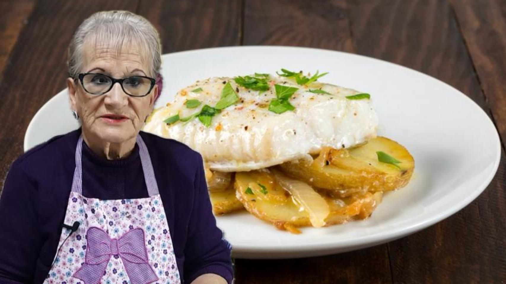 Alfonsa junto a un plato de bacalao con patatas.