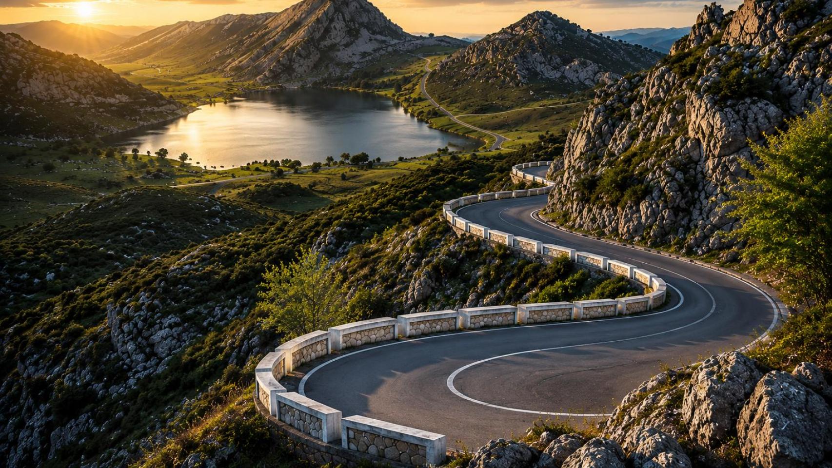 La carretera de los Lagos de Covadonga conecta el santuario con los lagos Enol y Ercina en los Picos de Europa..
