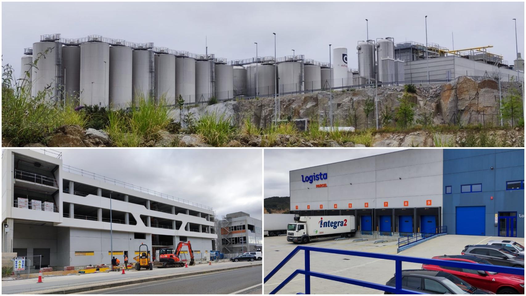 Arriba, depósitos de la fábrica de Estrella Galicia en Morás. Abajo, dos naves en obras y planta de Logista, primera empresa que ocupó el polígono.