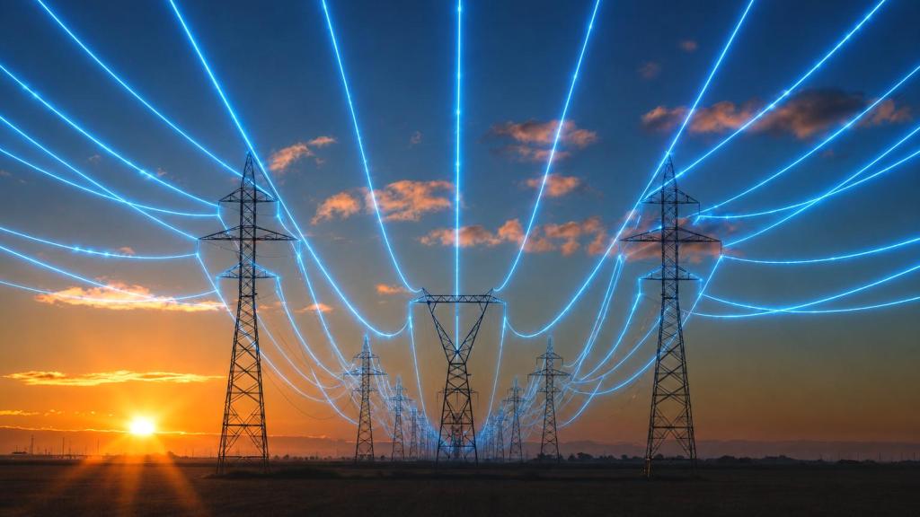 Líneas eléctricas de alta tensión que ilustran el aumento de la demanda de electricidad impulsado por la IA.