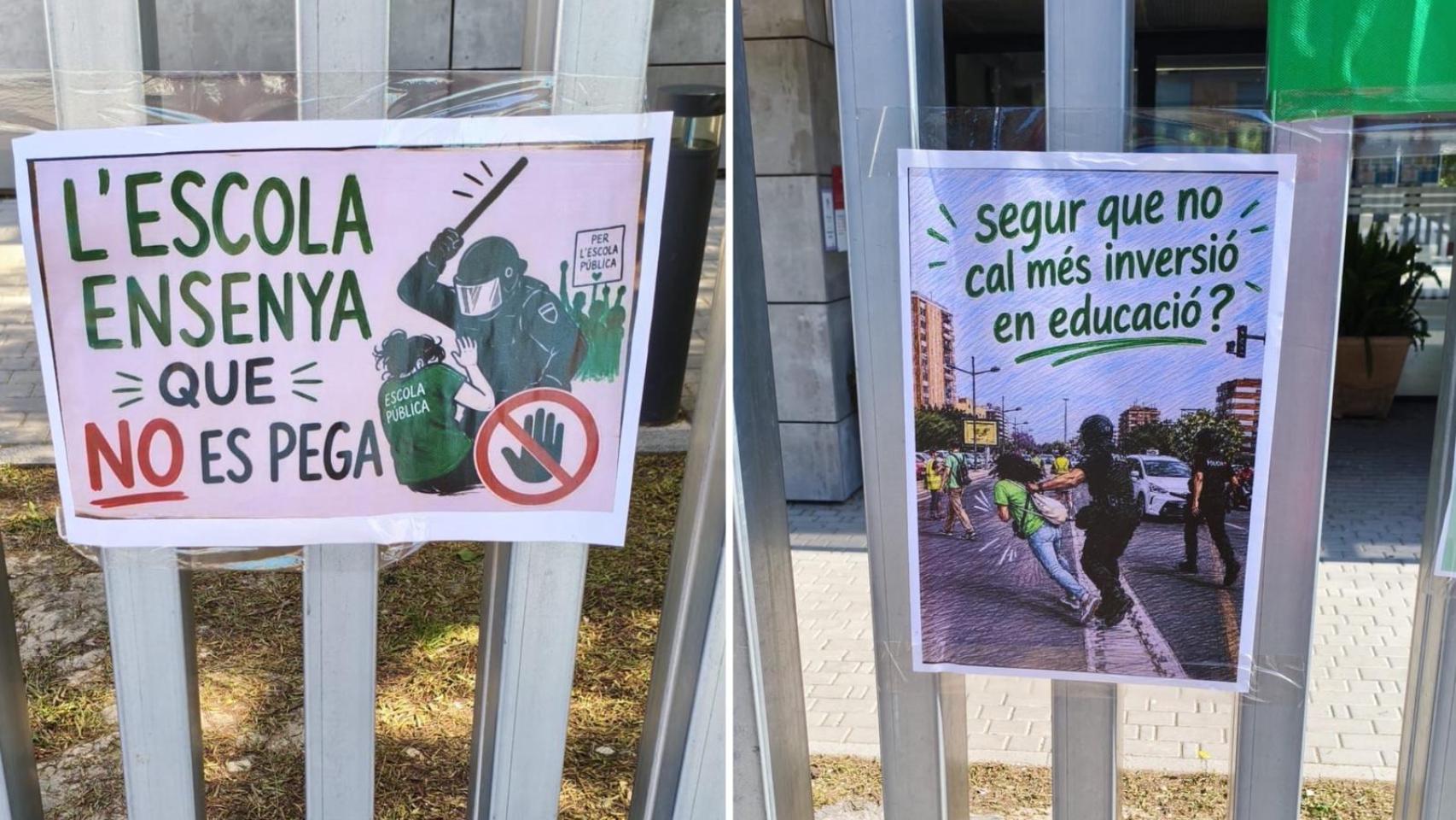 Carteles contra la Policía colgados en un centro educativo de Muro de Alcoy.