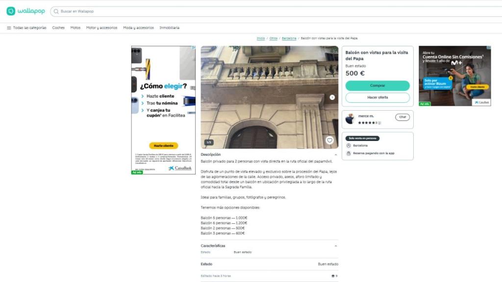 Un balcón en Barcelona por 500 euros para ver al Papa.