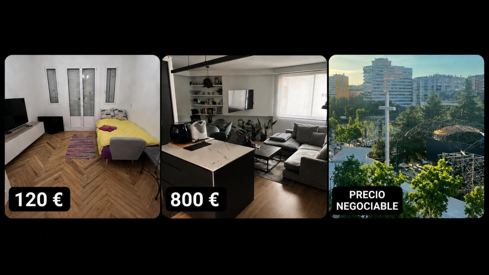 Algunos anuncios con pisos, habitaciones o salones con vistas para alquilar en Madrid con motivo de la visita del Papa.