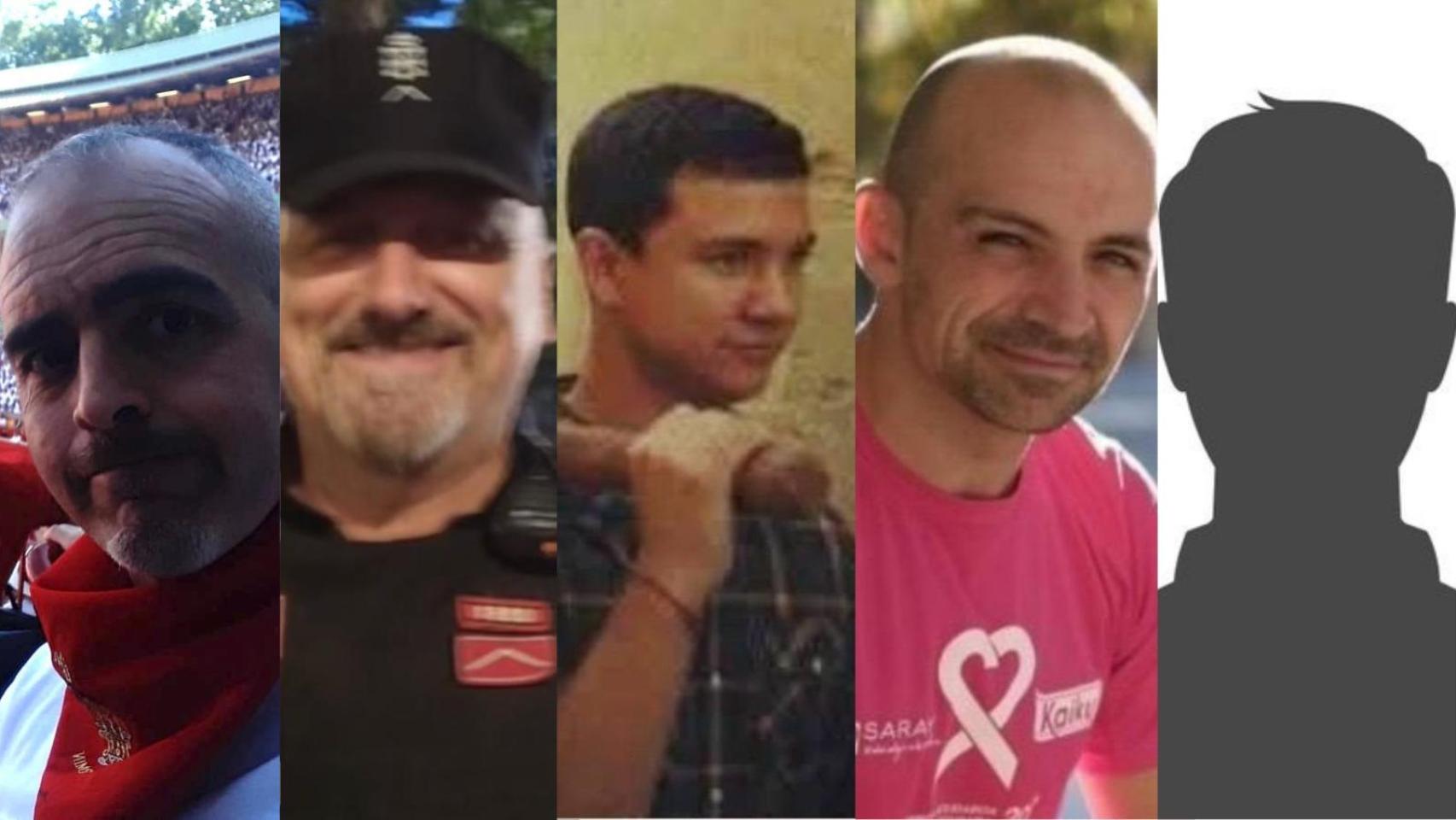 Los Policías Forales fallecidos de izquierda a derecha: Fermín Sola Barrena, Jesús María Vidaurreta Fernández, Miguel Antonio d'Entremont Jiménez,  Miguel Crespo Obanos  y Juan Martín Domínguez Villar -sin foto-.