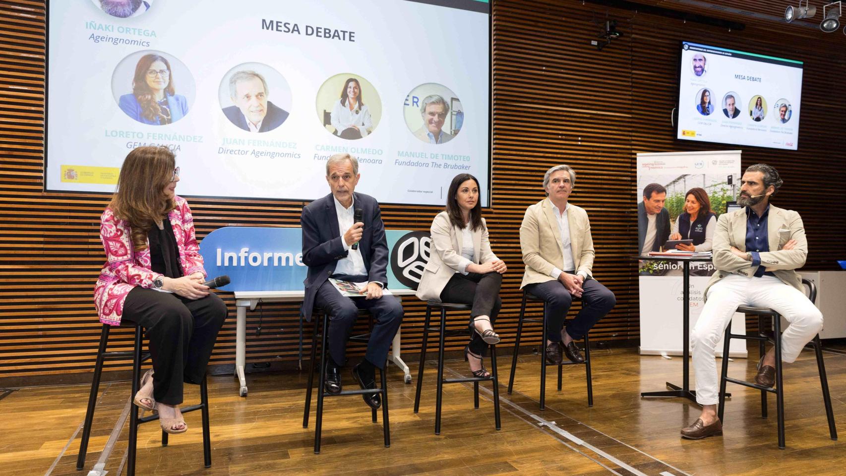 De izquierda a derecha. Loreto Fernández, Juan Fernández, Carmen Olmedo, Manuel de Timoteo e Iñaki Ortega, durante la presentación del informe sobre emprendimiento sénior.