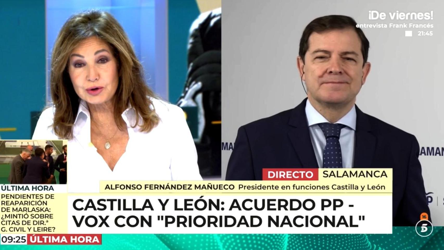 El presidente de la Junta de Castilla y León en funciones, Alfonso Fernández Mañueco, durante su intervención en El programa de Ana Rosa, este viernes