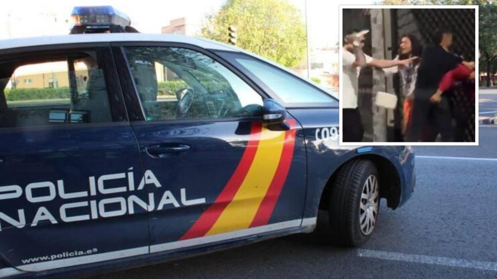 Imagen de un vehículo de la Policía Nacional y, en el cuadrado, de uno de los vídeos de la pelea difundidos en redes sociales.