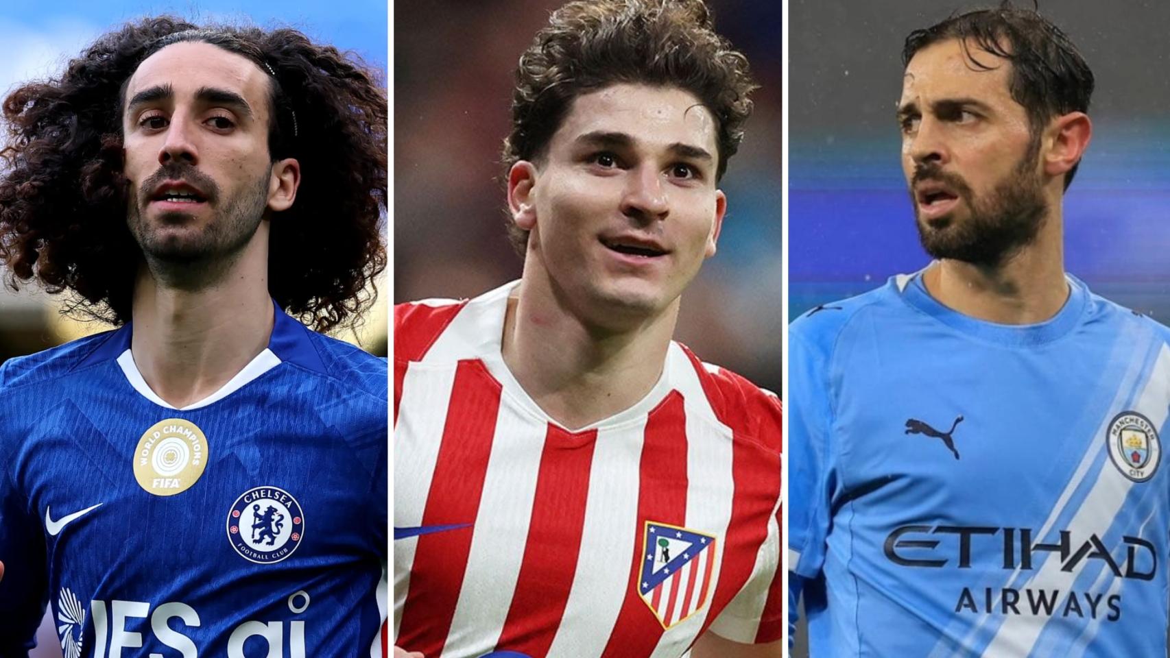 Cucurella, a la izquierda; Julián Álvarez, en el centro; Bernardo Silva, a la derecha.