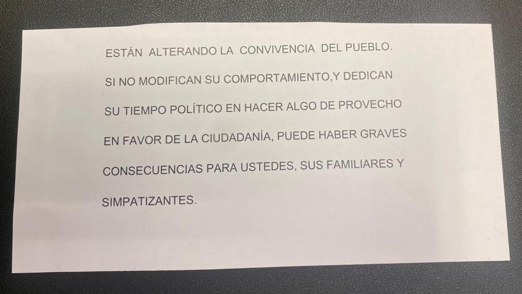 Carta con las amenazas recibidas