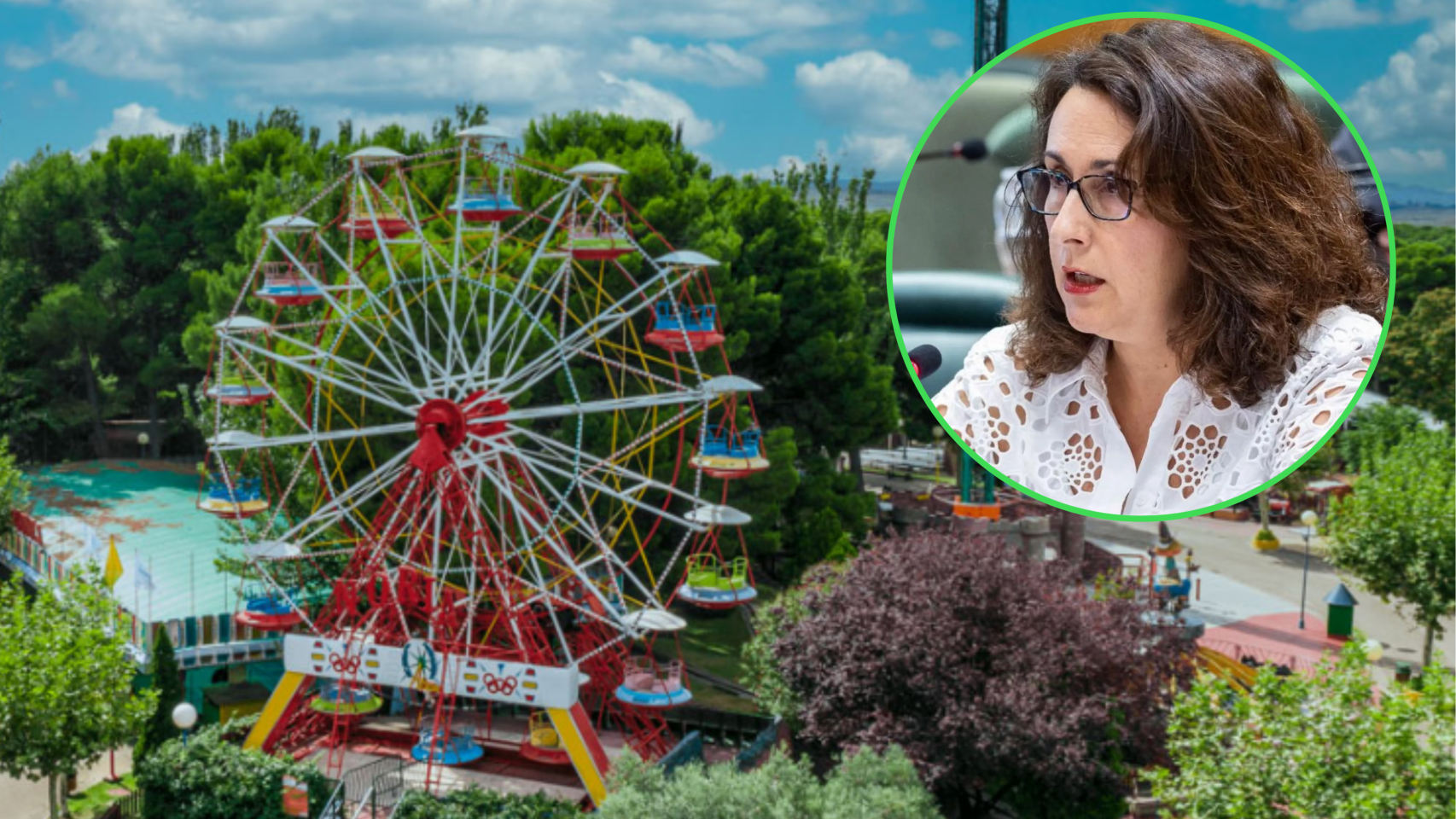 La portavoz de Vox, Eva Torres, con el Parque de Atracciones de fondo.