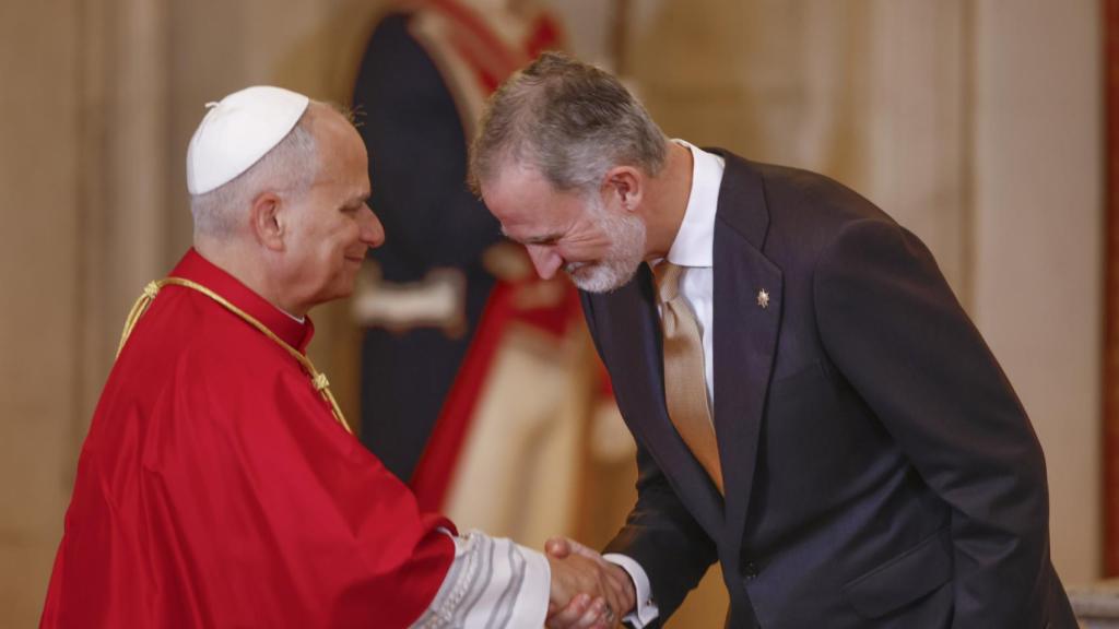 El Rey Felipe y el Papa León XIV, en el Palacio Real de Madrid, este sábado 6 de junio.