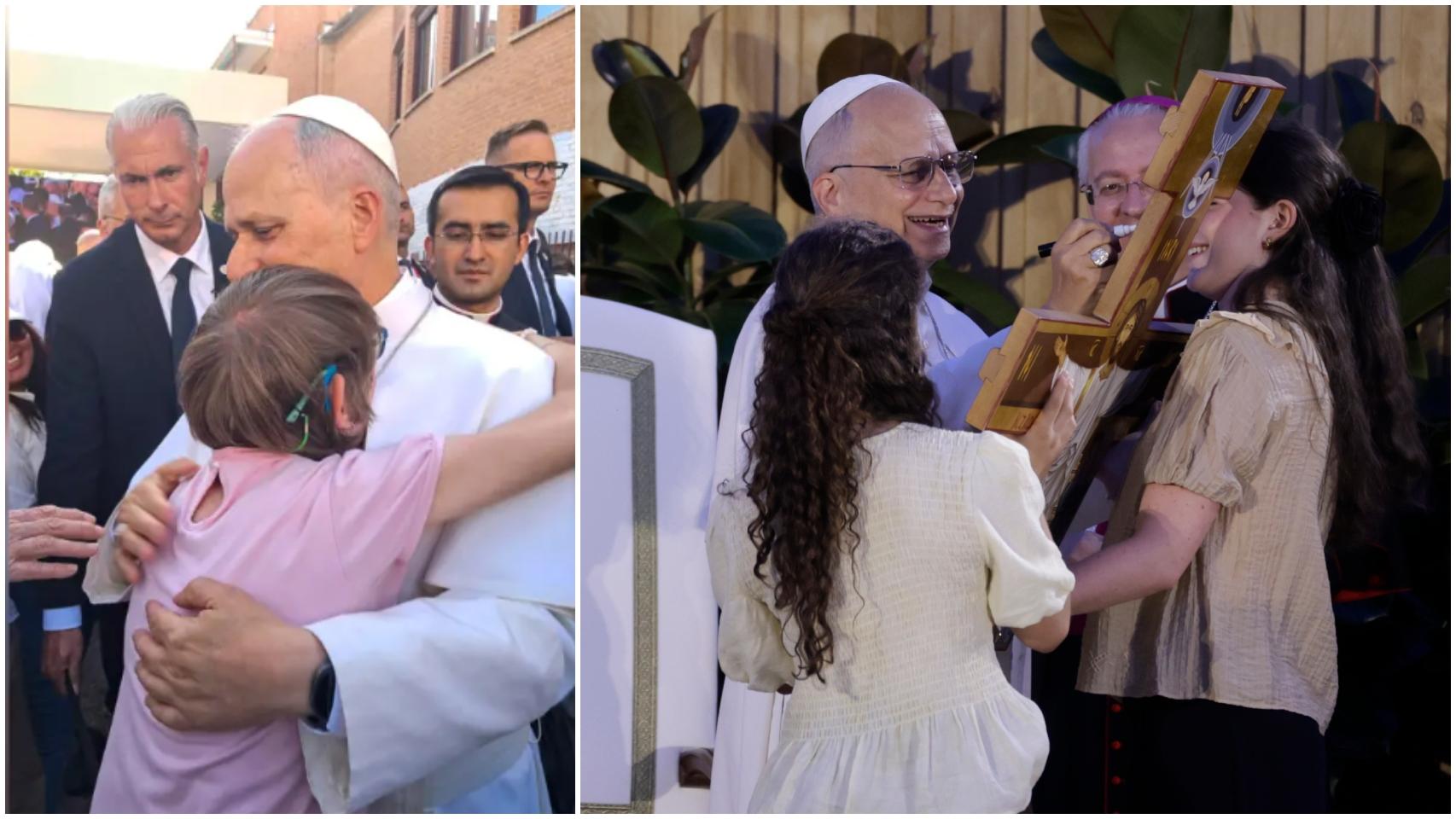 A la izquierda, el Papa abraza a Olga; a la derecha, firma la cruz a las jóvenes que le hicieron preguntas durante la Vigilia. 