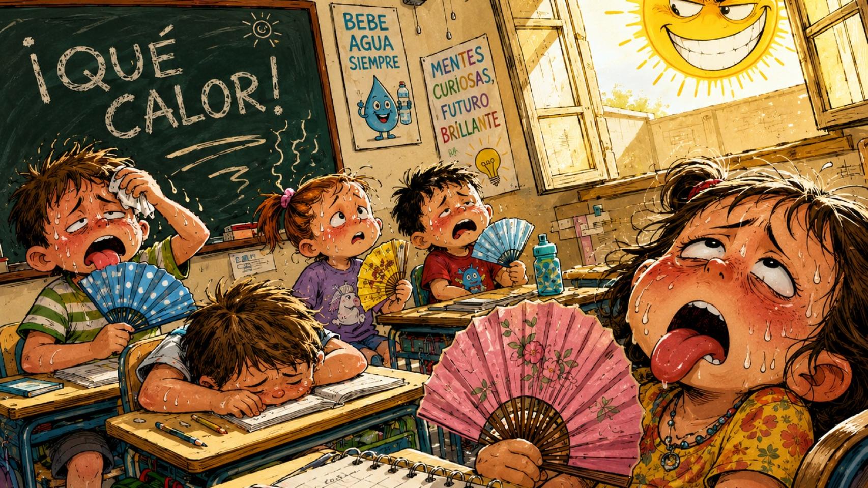 Ilustración sobre los efectos del calor en las aulas.