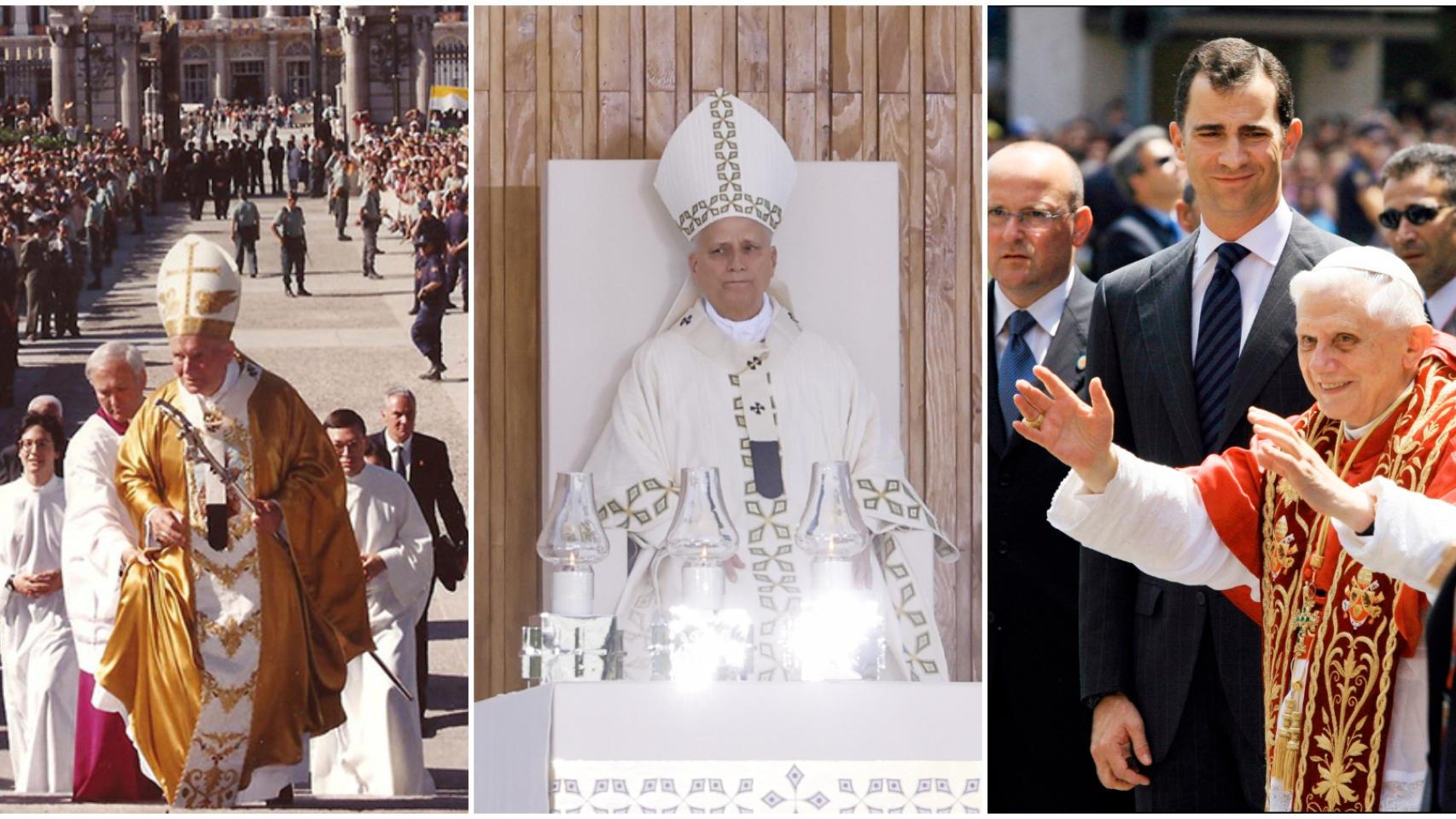 Los Papas Juan Pablo II (i), León XVI (c) y Benedicto XVI (d); durante sus respectivas visitas a Madrid.