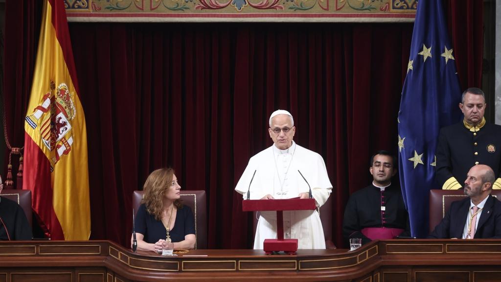 El Papa León XIV durante su discurso.