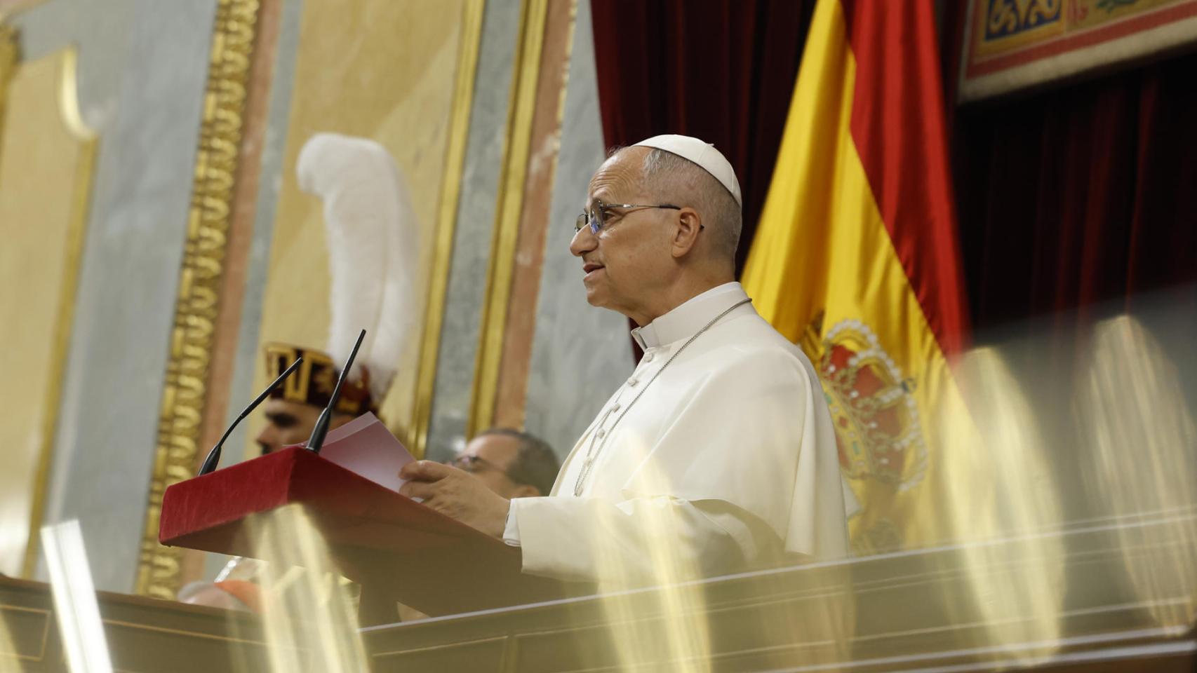 El papa León XIV este lunes en el hemiciclo del Congreso de los Diputados.