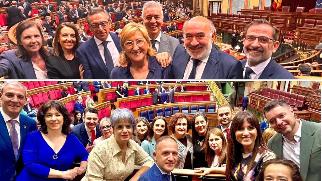 Representantes de Aragón de PP y PSOE y sus compañeros de filas, este lunes, en el Congreso de los Diputados.
