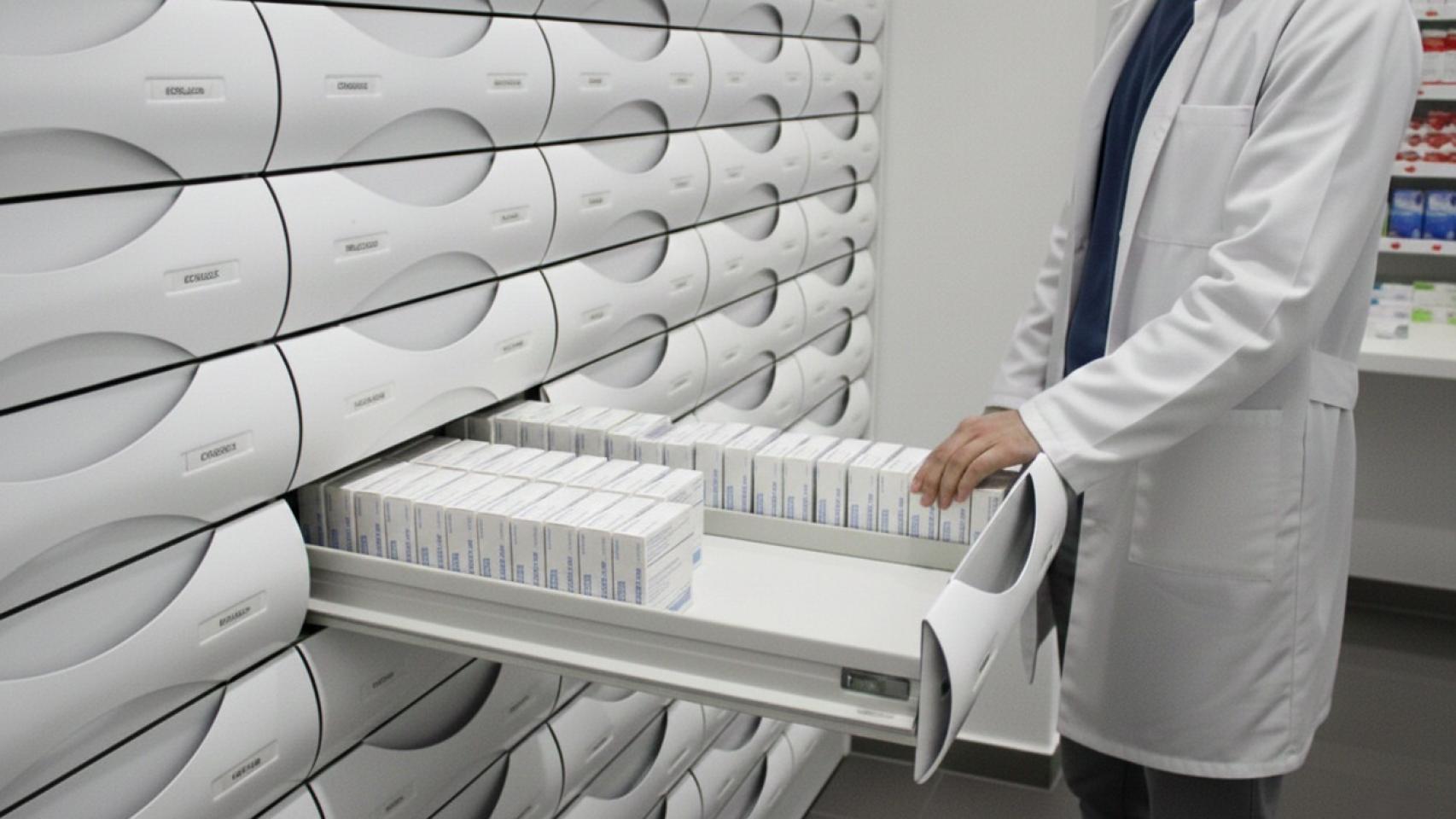 Un farmacéutico dispensando medicamentos. 