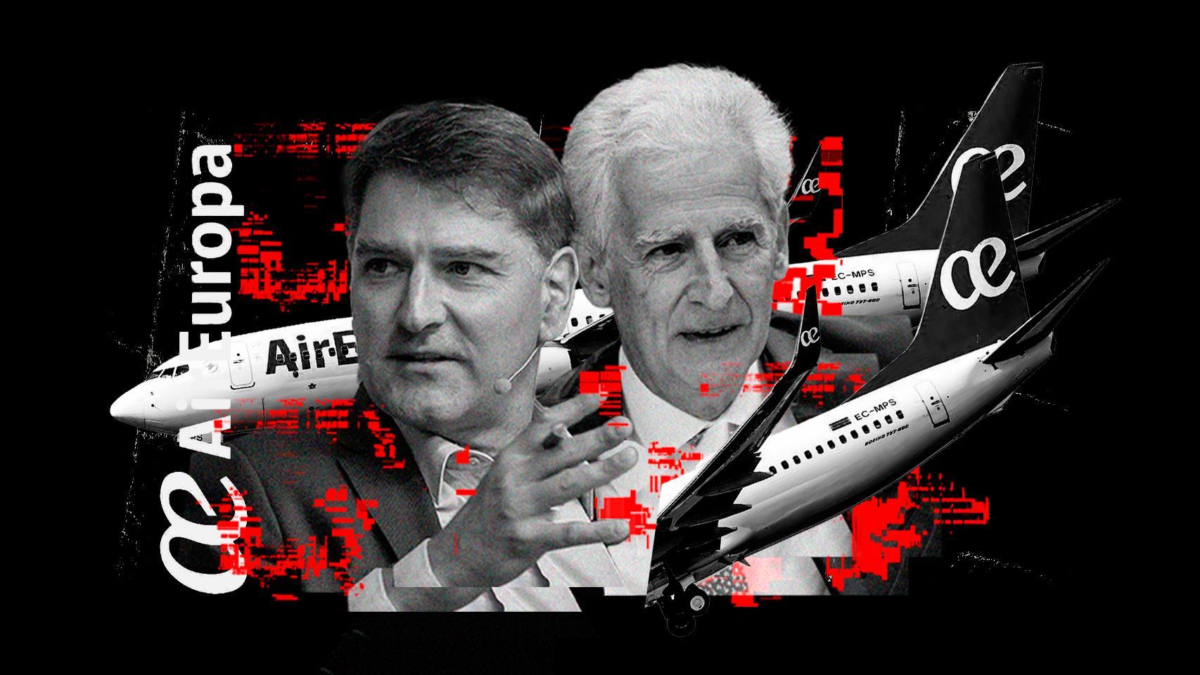Bartolomé Lora y Manuel de la Rocha, junto a varios aviones de Air Europa.