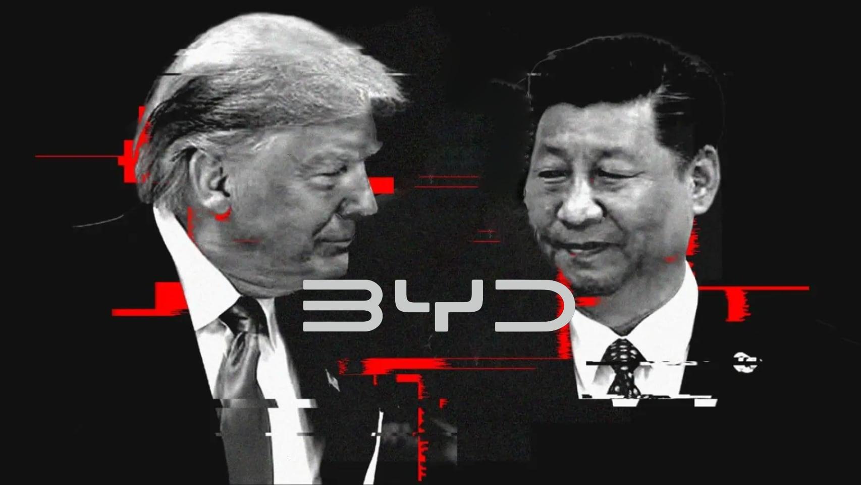 Ilustración de Trump y Xi JInping con logo de BYD