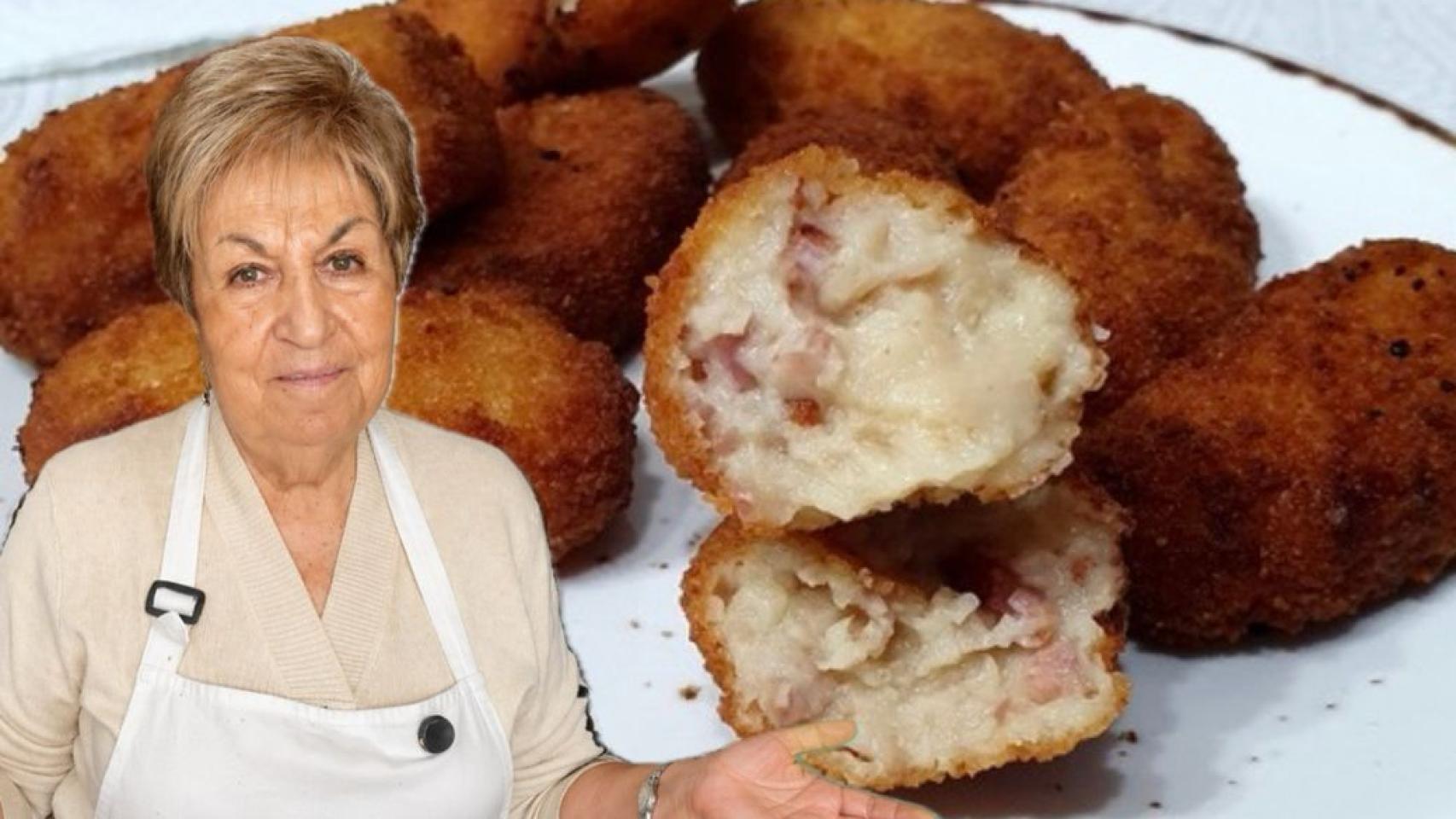 Conchita junto a un plato de croquetas.